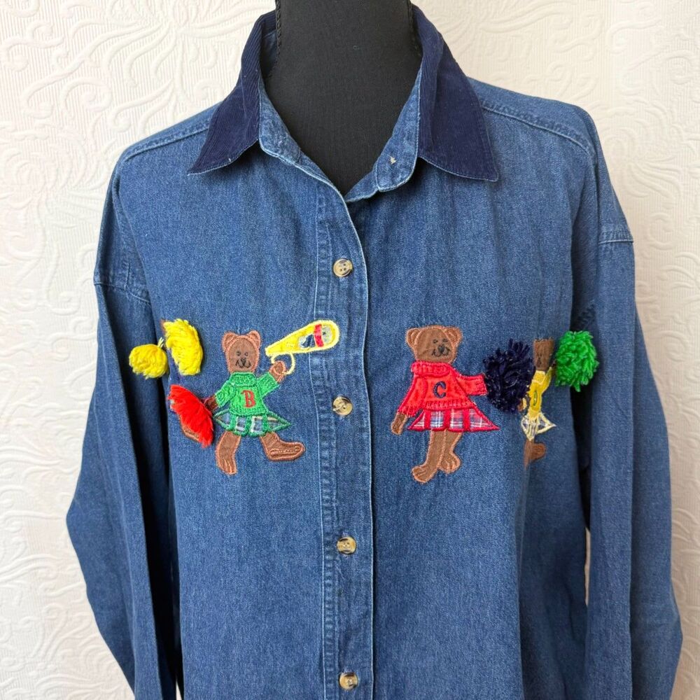 VTG 90s Cheerleader Teddy Bear Embroidered Denim Shirt Corduroy Collar 22W